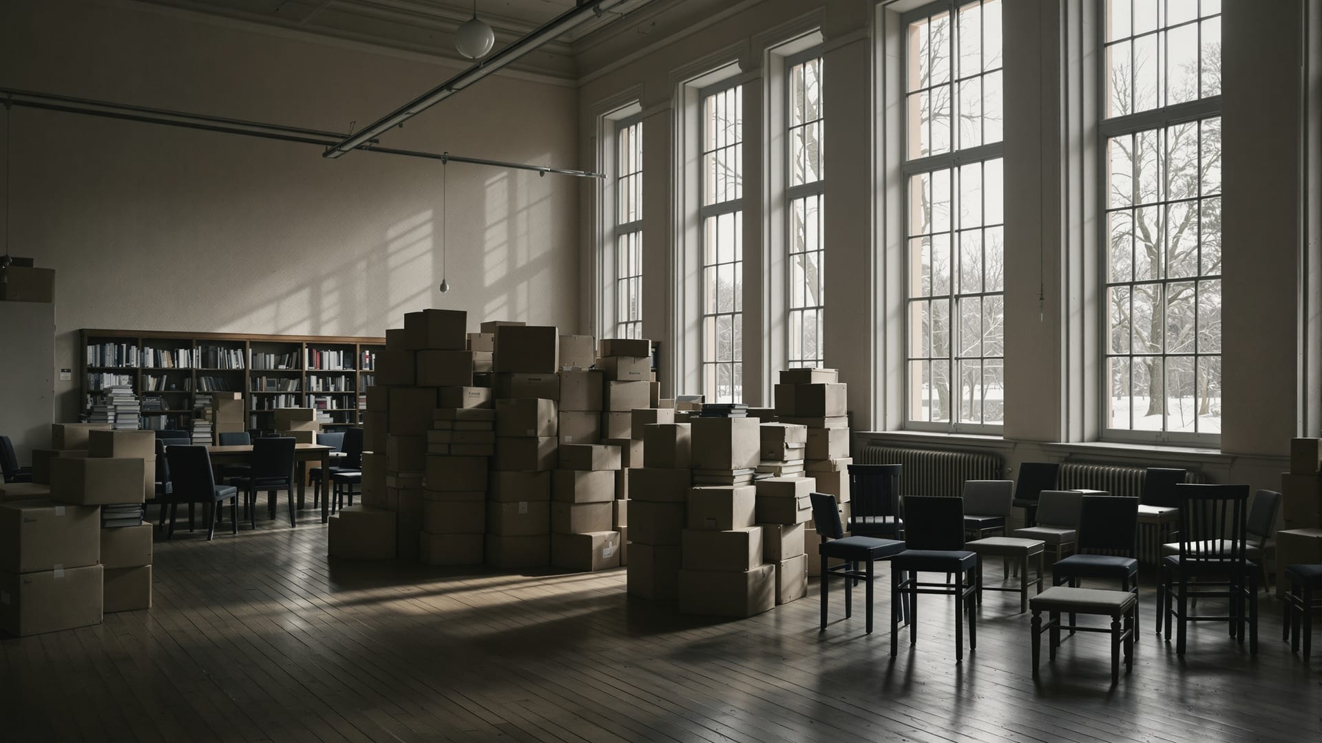 Empty bookshop reading room with boxed books