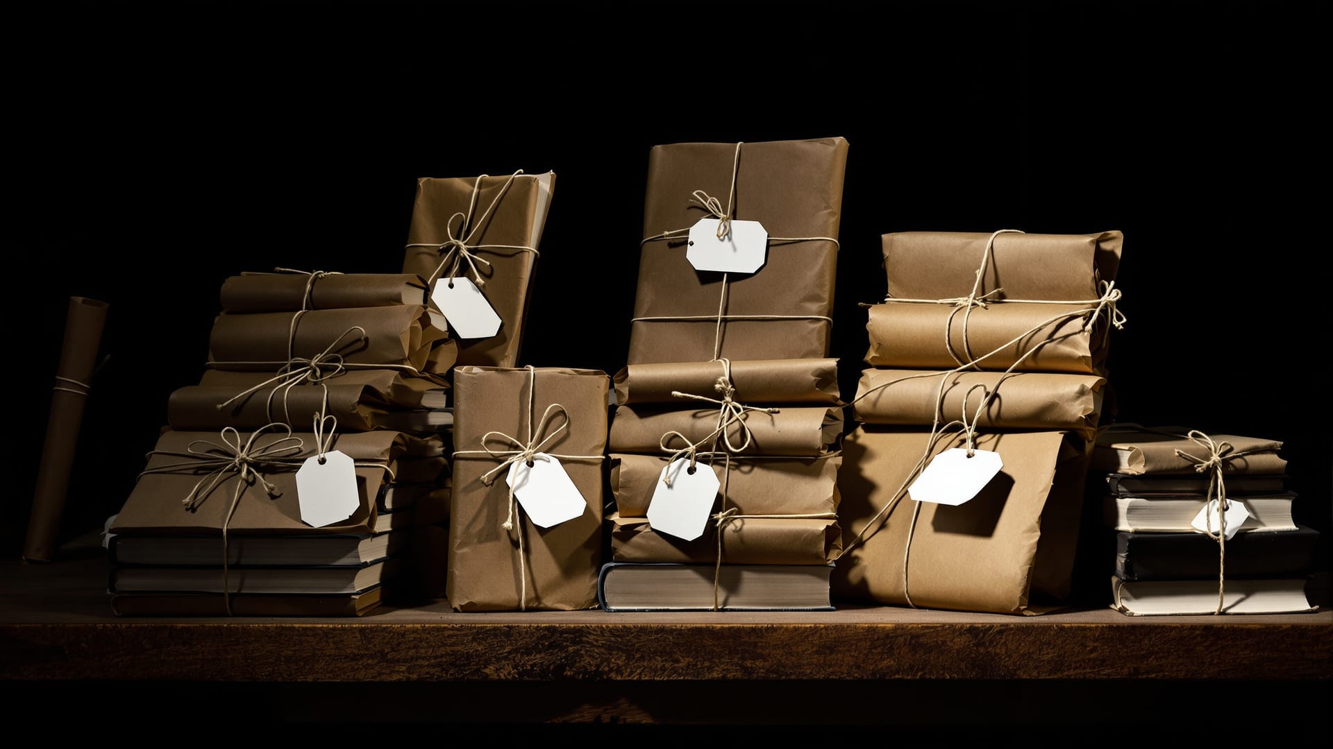 Books wrapped in plain paper on a display table