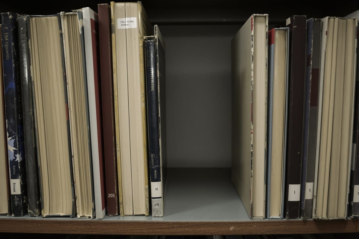 A gap on a library shelf where books have been removed