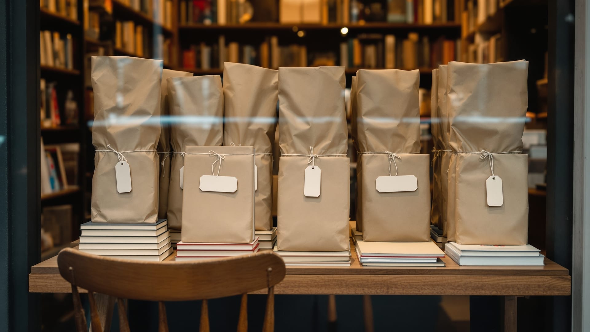 Front table display of paper-wrapped books