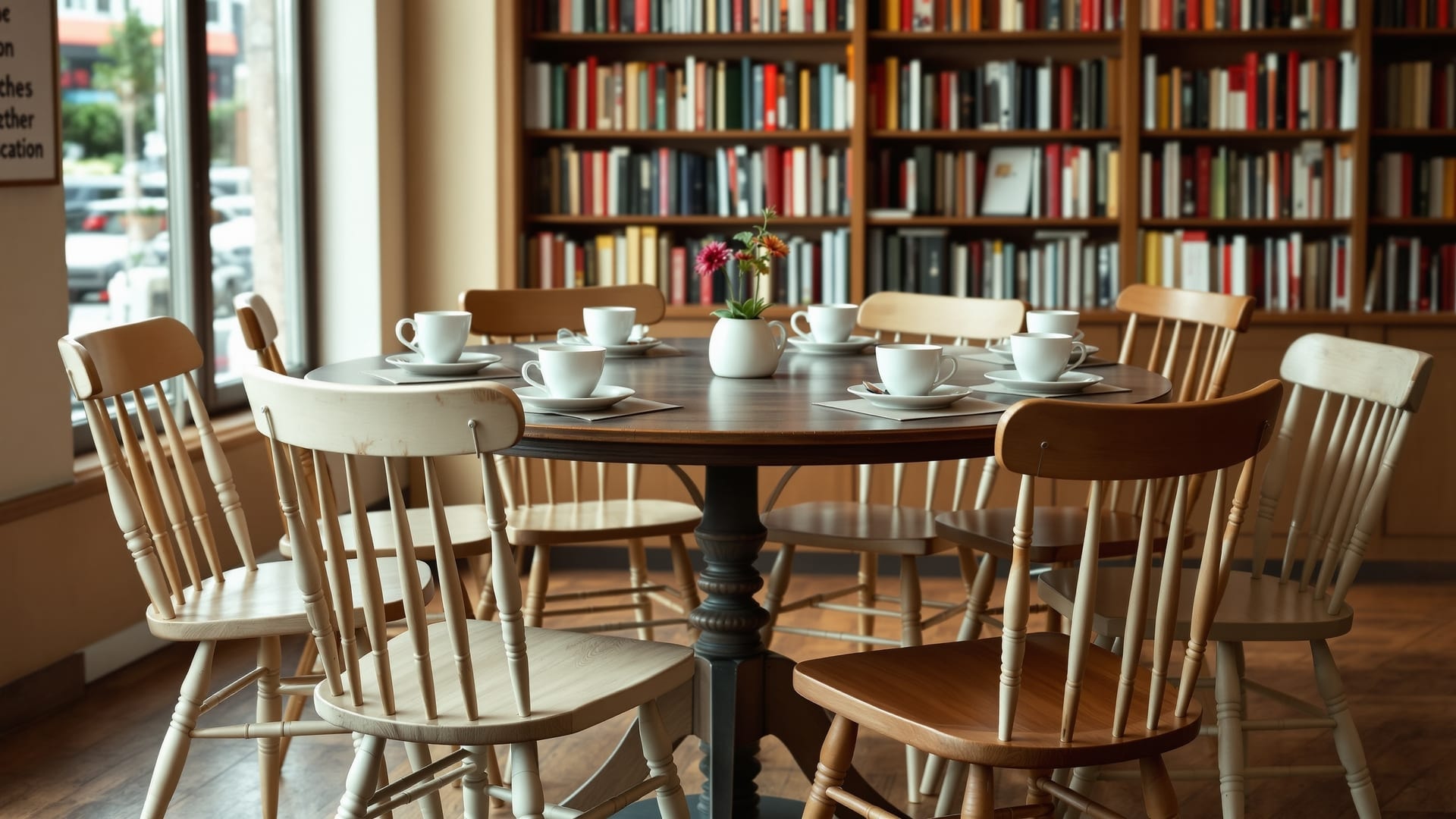 Round café table set for a reading group in a bookshop