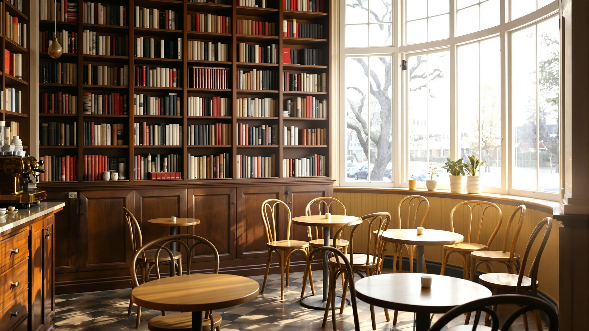 Café tables among the bookshelves in a corner of a bookshop