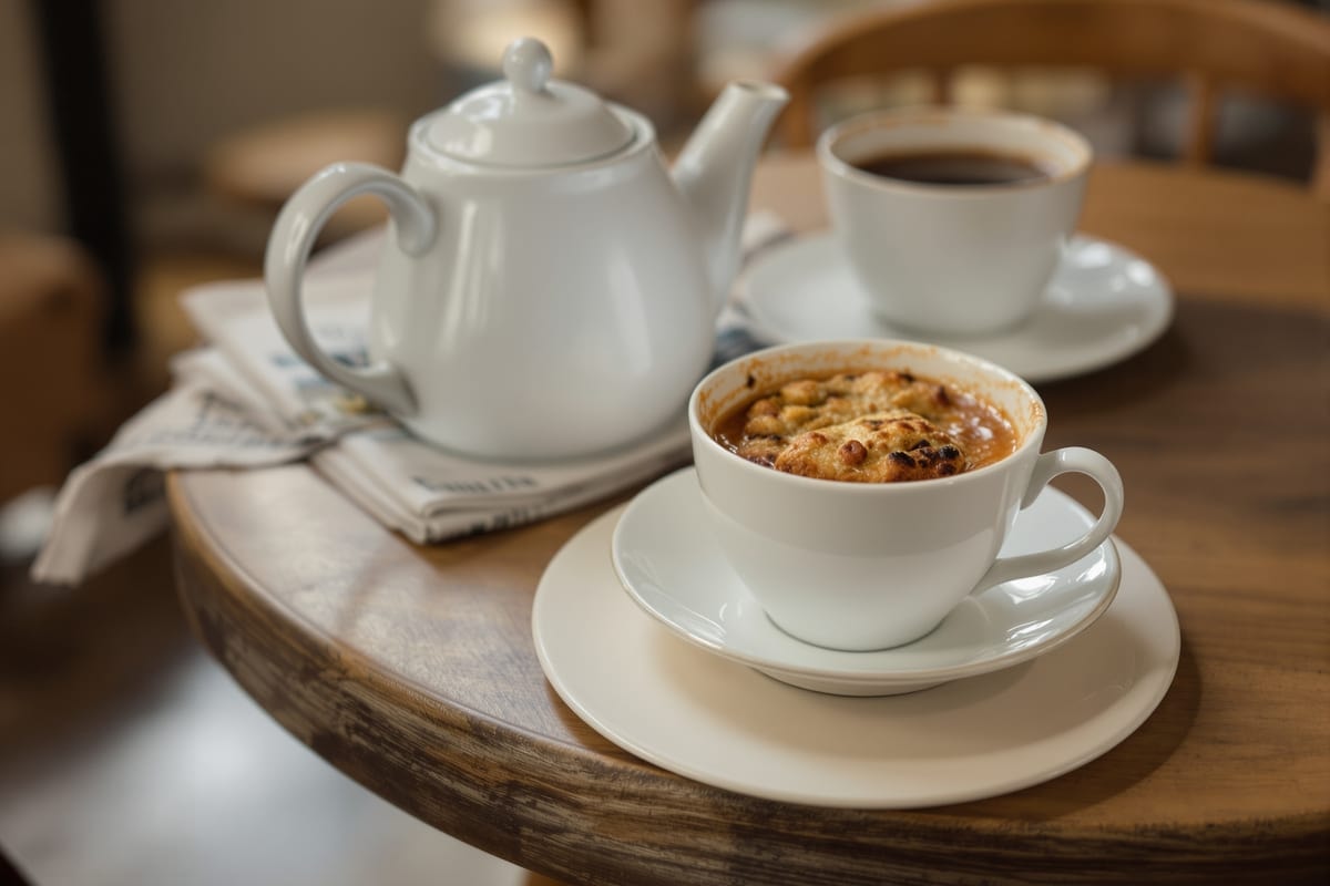 Teapot, cup and scone on a café table