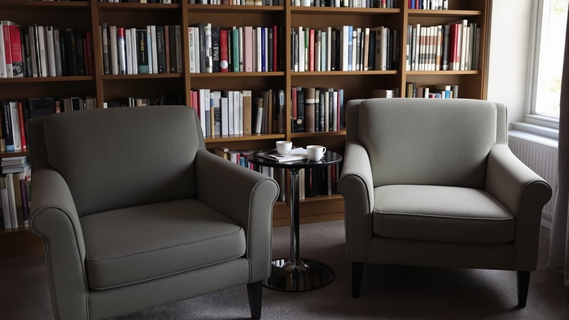 Two empty armchairs set for an interview in a bookshop