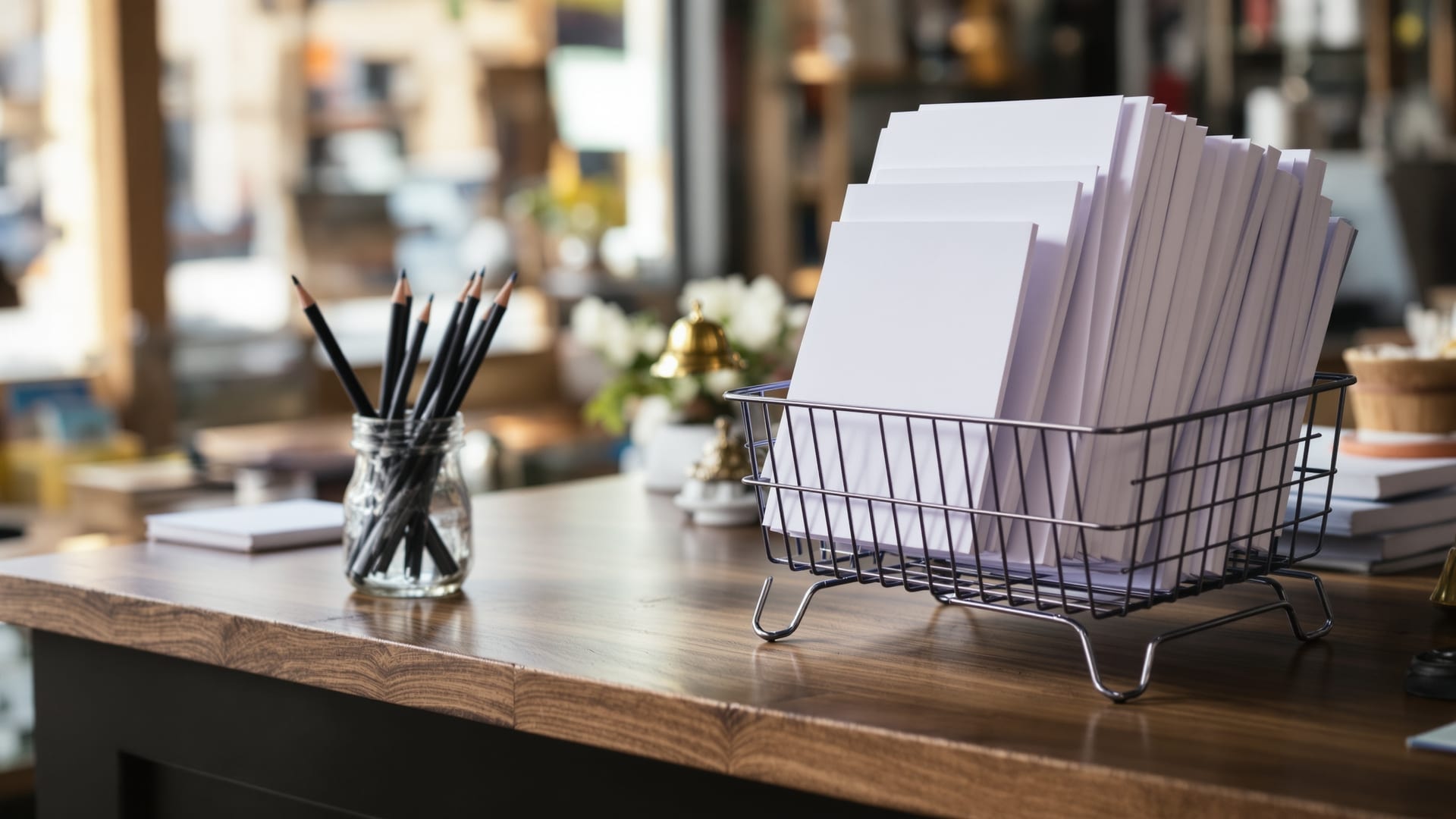 Blank review forms and pencils on a bookshop counter