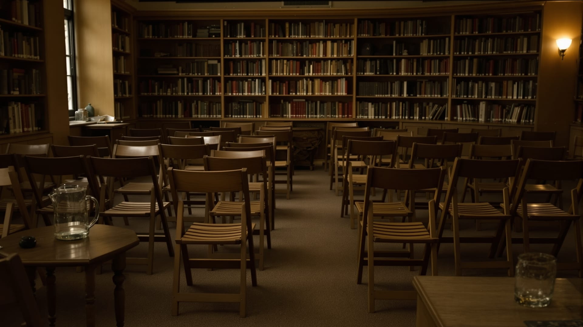 Empty chairs set out for a reading in a bookshop café