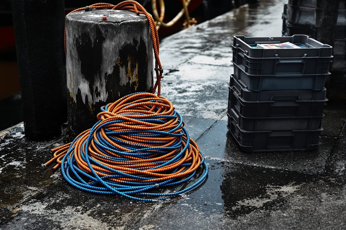 Fishing rope, bollard and totes on a wet quay