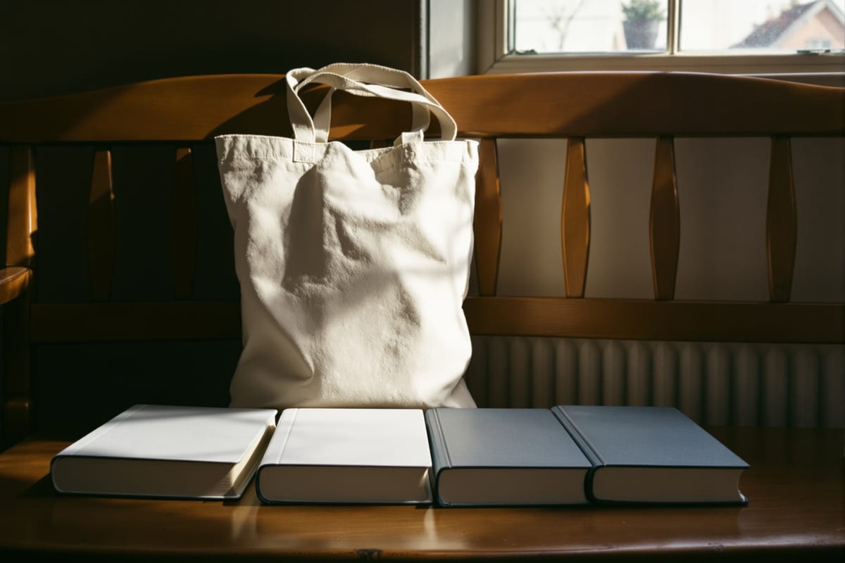 Tote bag of second-hand books on a coach seat
