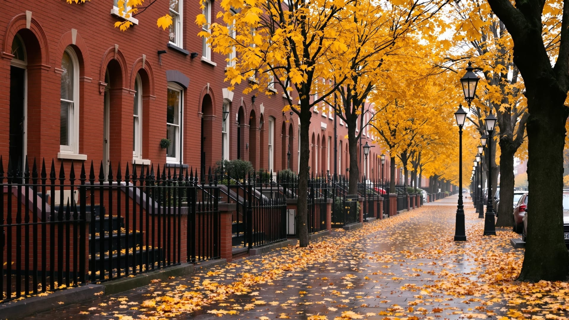 Narrow brick street with stoops and plane trees