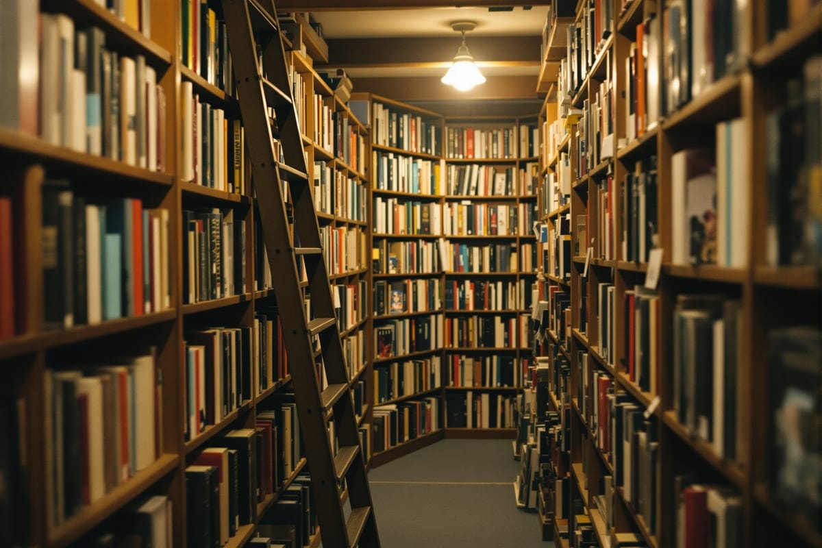 Crowded wooden shelves in an independent bookshop