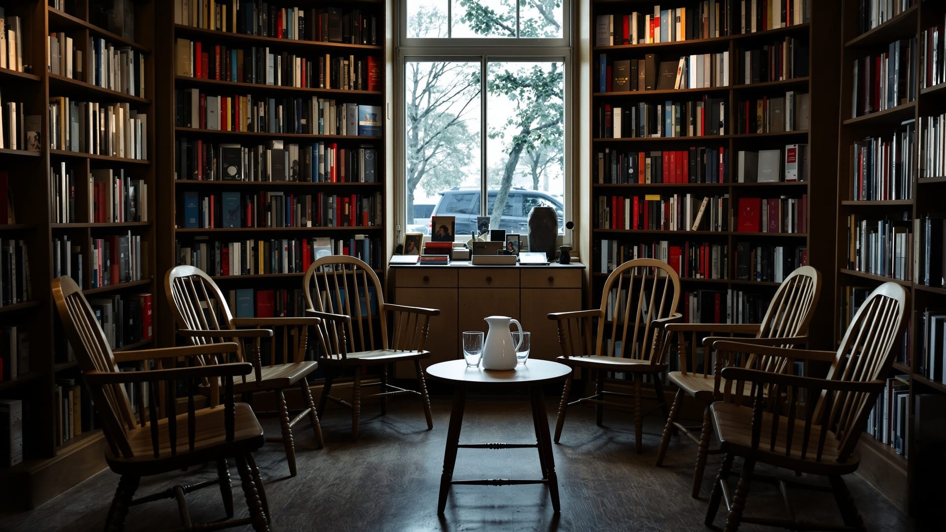 Circle of empty chairs set for a discussion evening