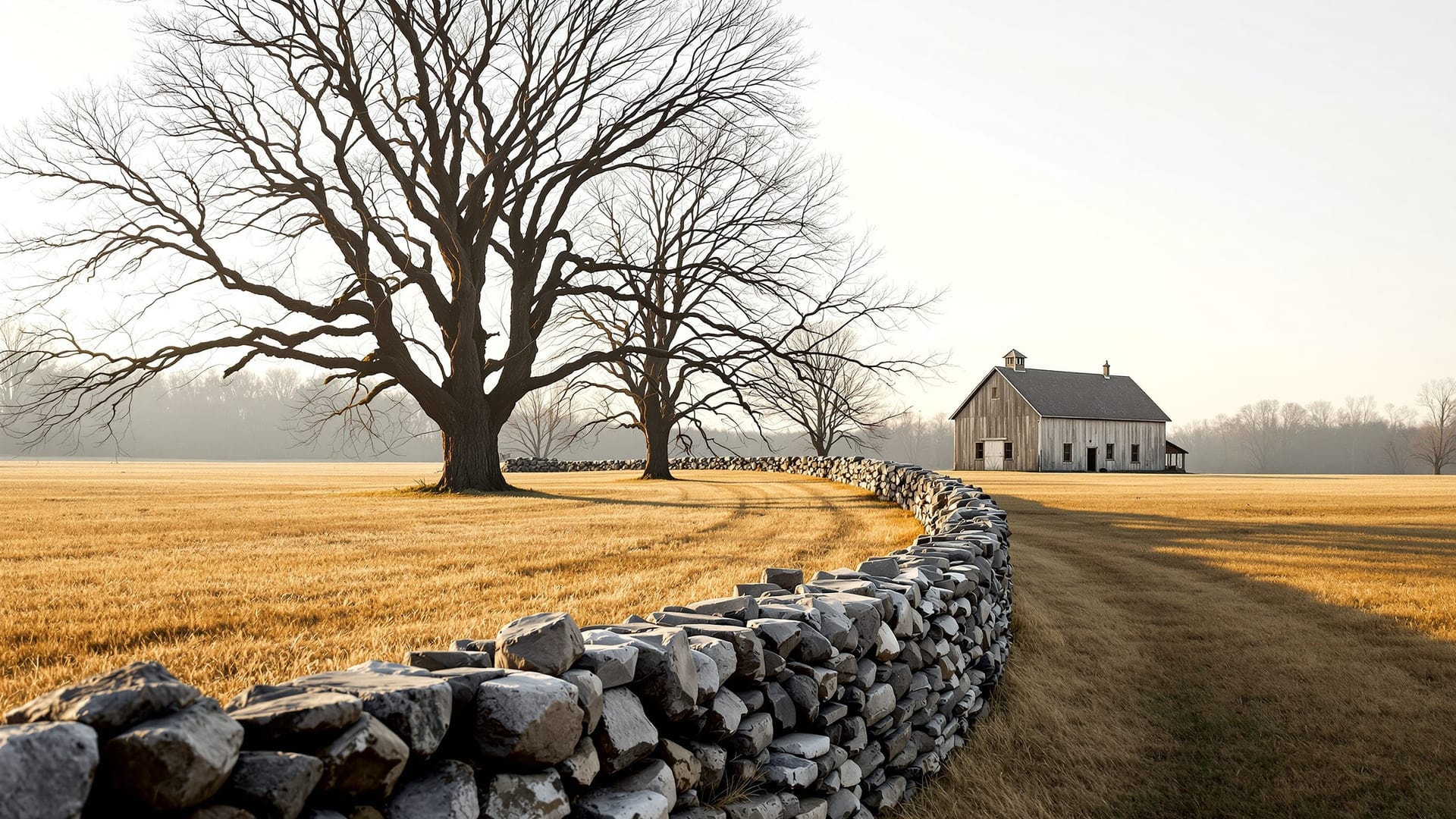 Stone wall and shingled barn on SouthCoast farmland