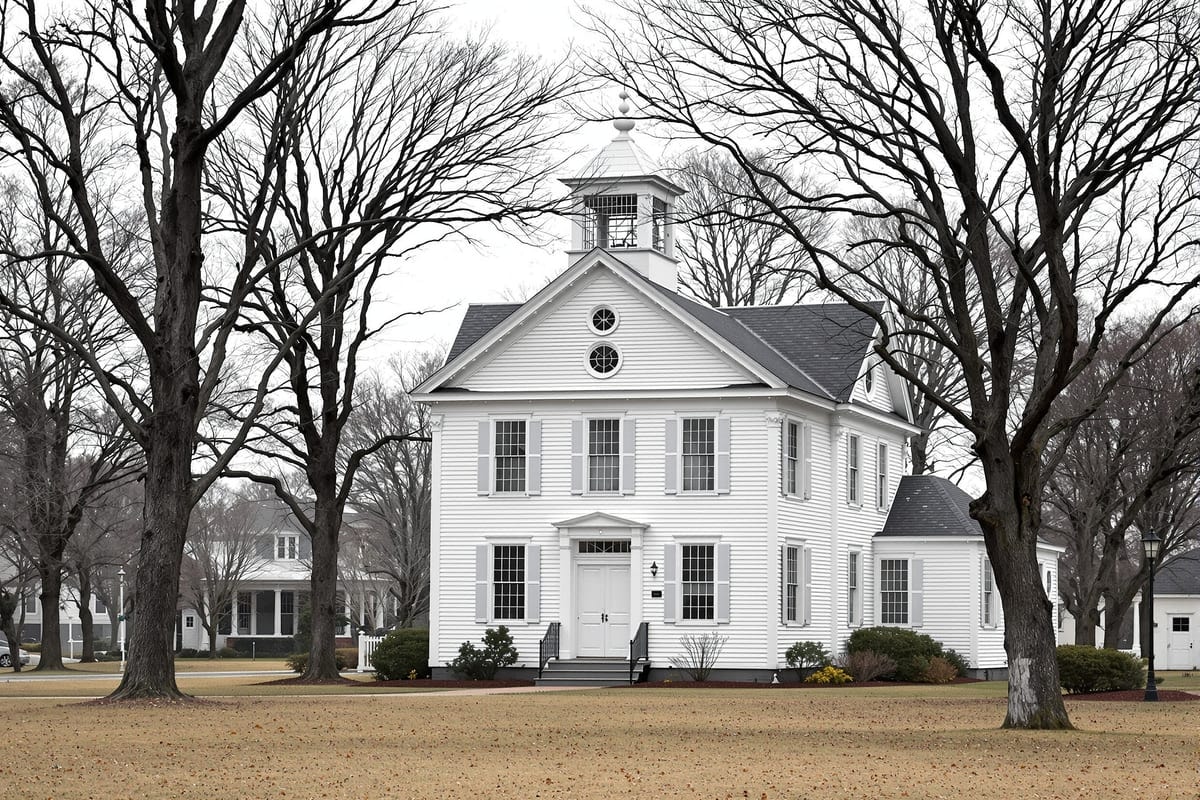 White clapboard New England town hall
