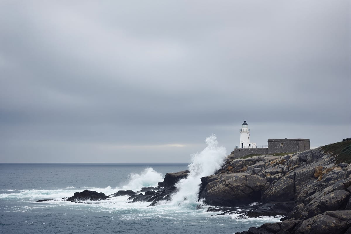 Stone lighthouse on a rocky Massachusetts point in heavy weather