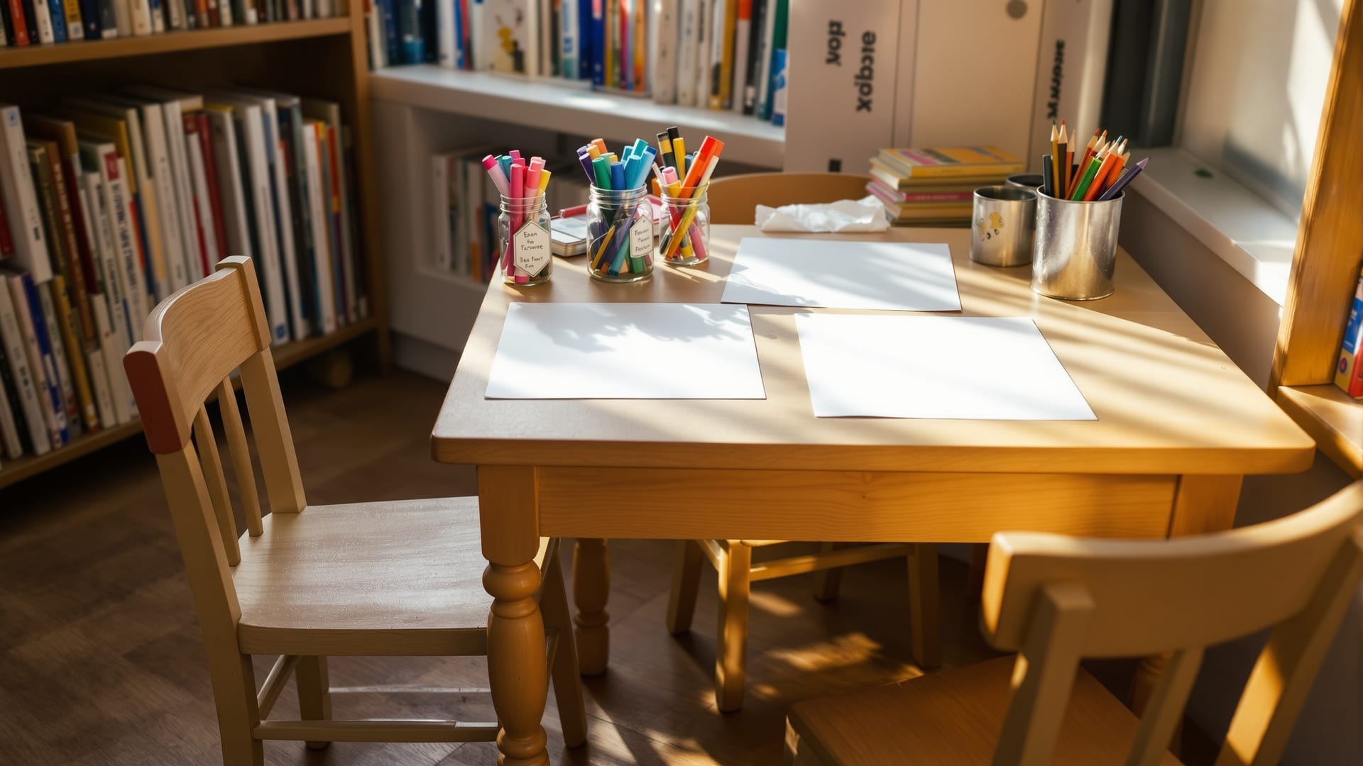 Empty children's writing table with markers and blank paper