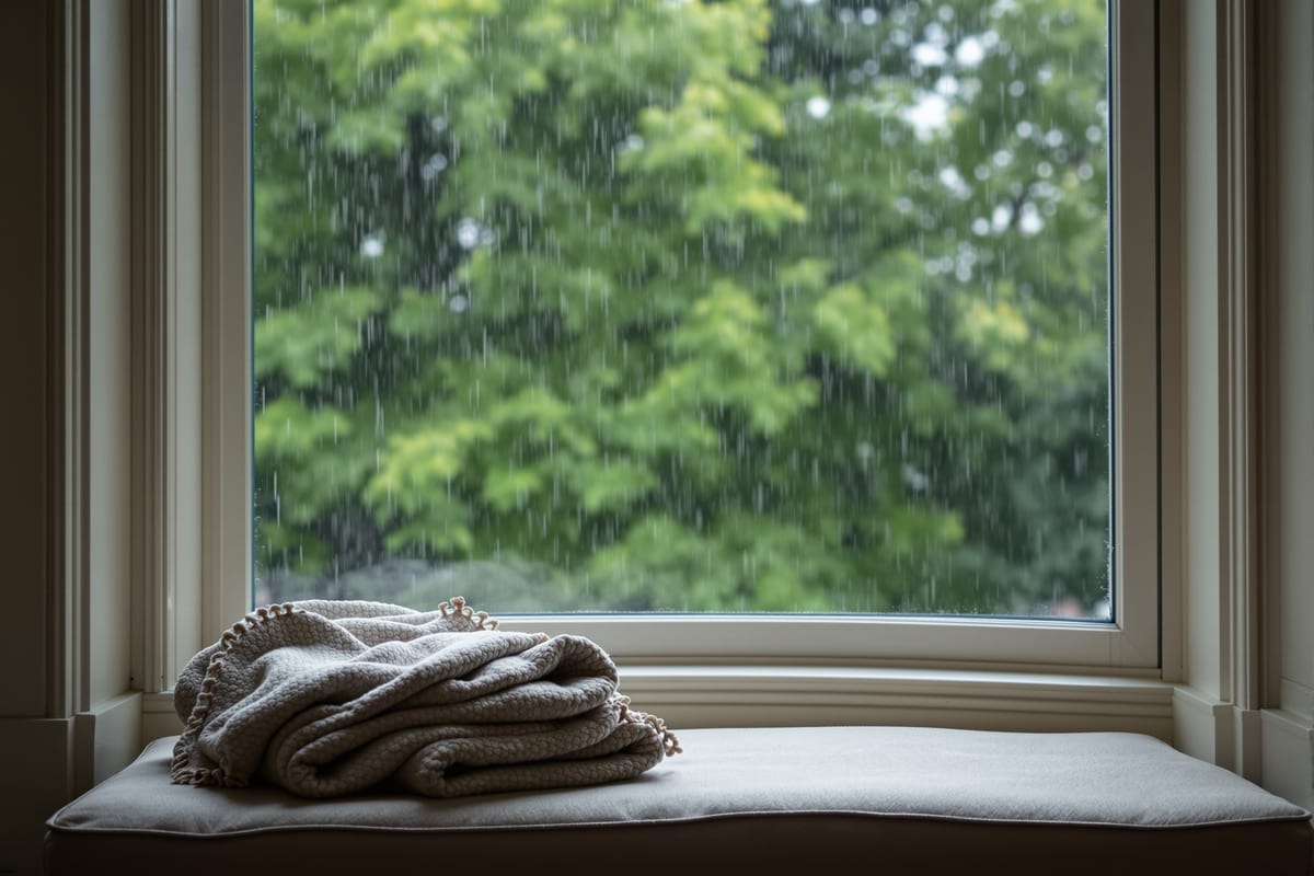 Rain on a bookshop window above a low shelf of picture books