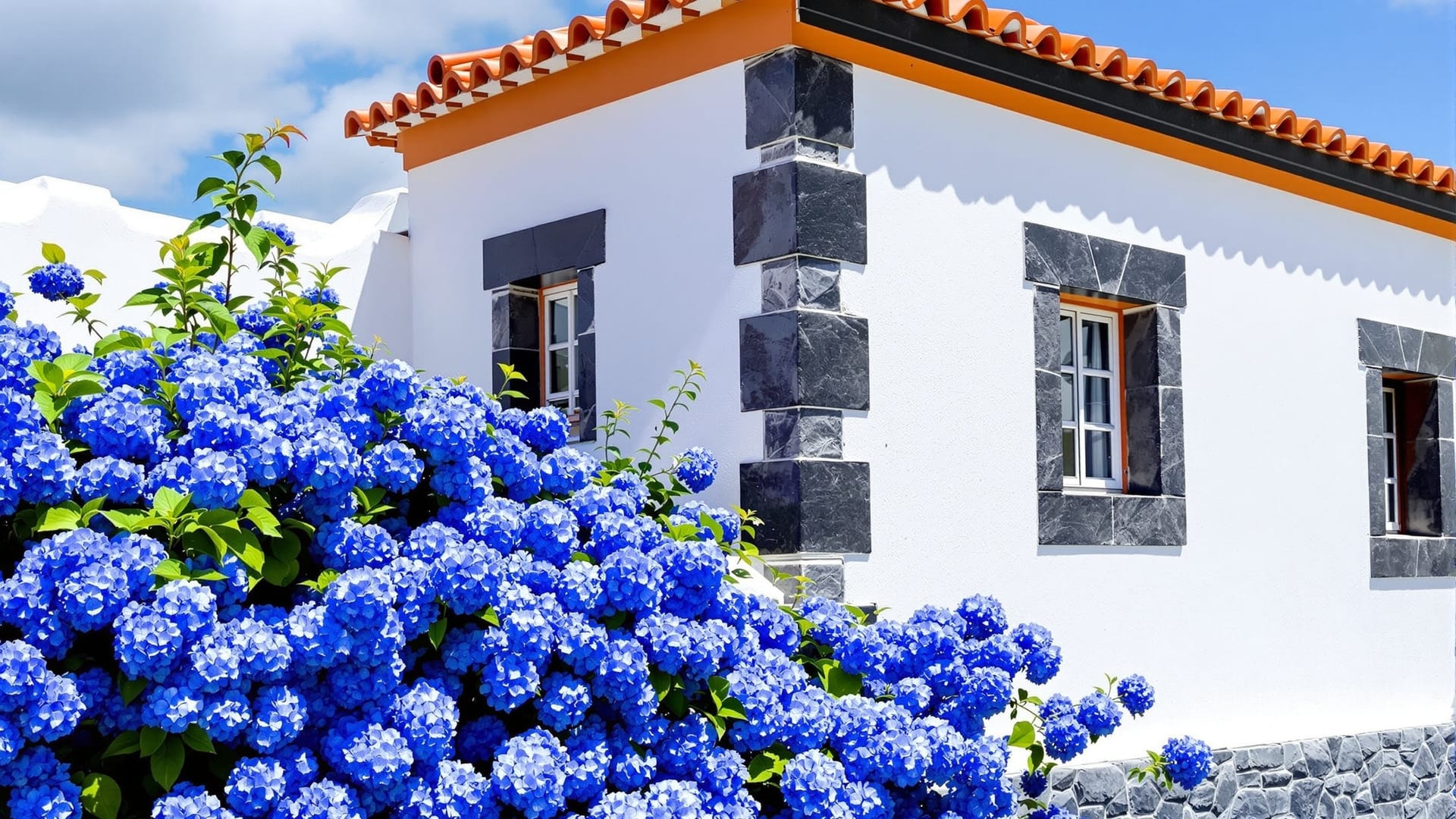 Whitewashed Azorean street descending to the Atlantic