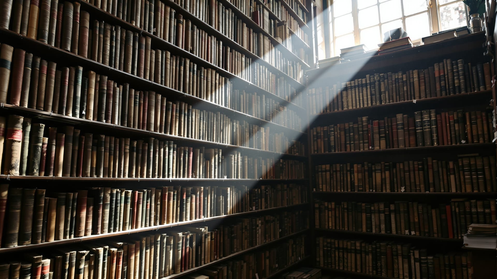 Deep shelves of old cloth-bound books in an antiquarian shop