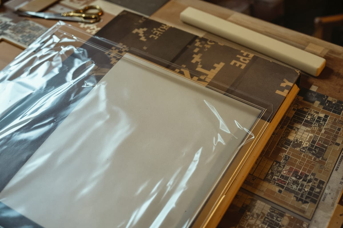Archival mylar being fitted to an old dust jacket