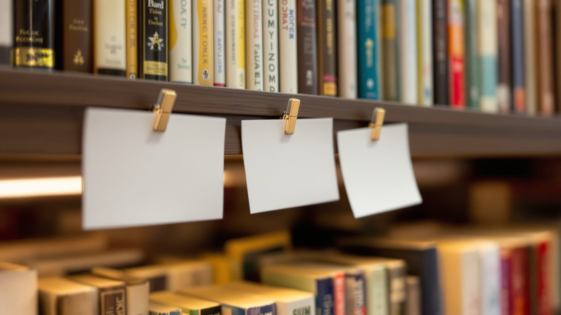 Blank shelf-talker cards clipped beneath rows of books
