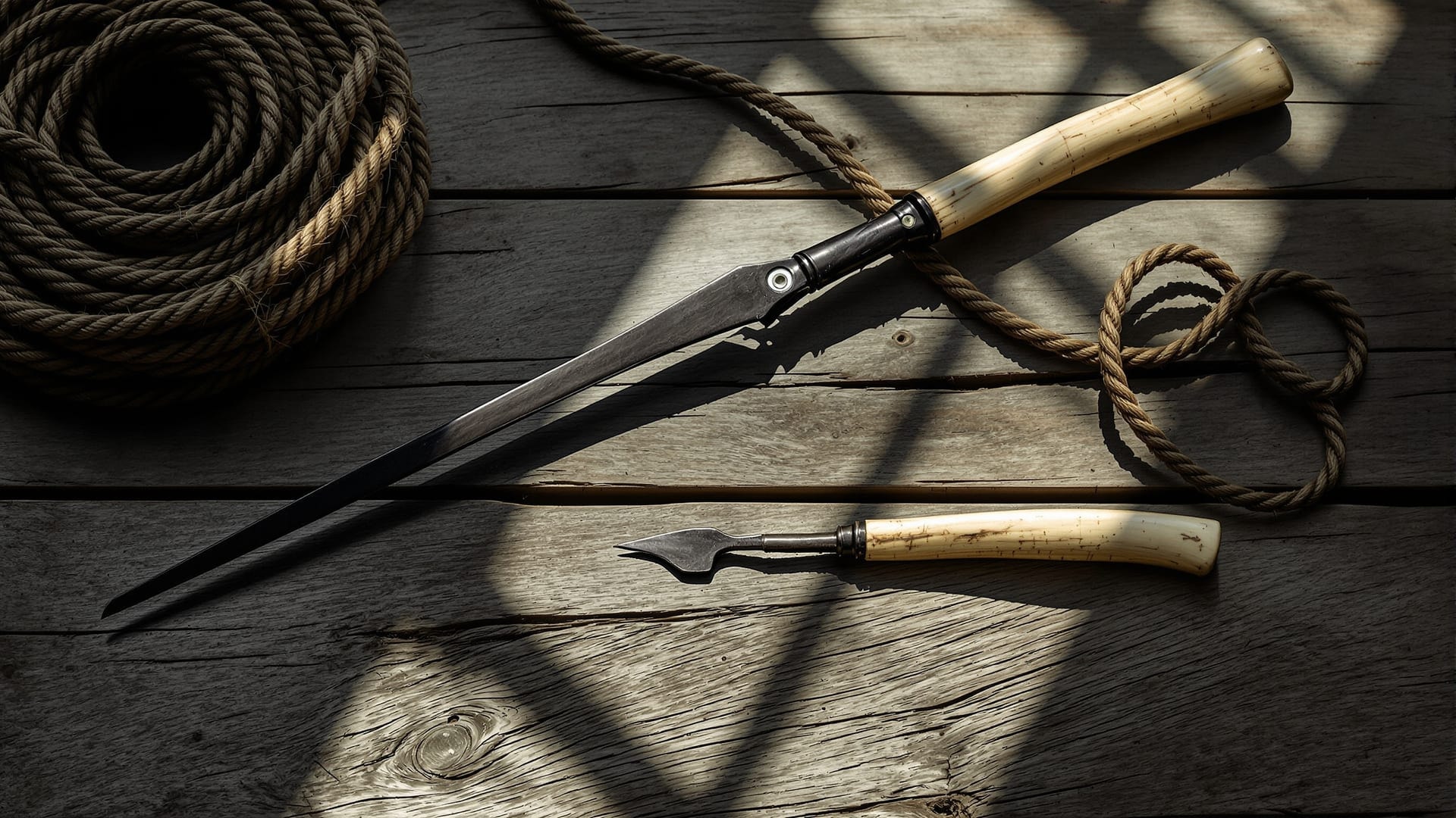 Hand-forged harpoon head and rope on weathered planking